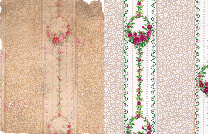 Each image shows an original wallpaper from 14 Henrietta Street and its reconstruction.<br />
Use the slider to switch between them.